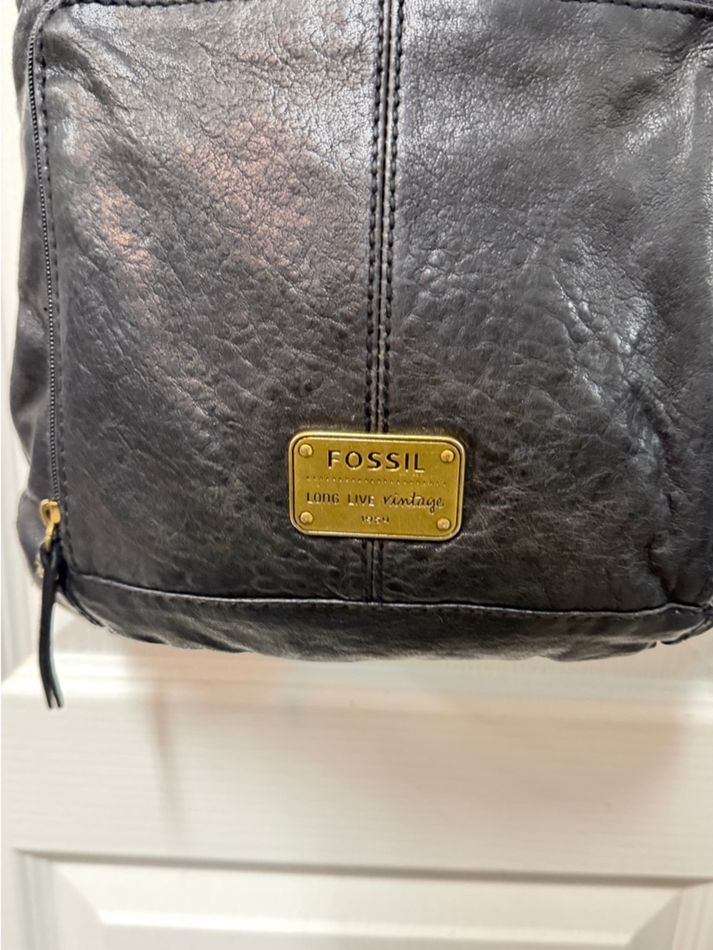 Fossil Black Leather Crossbody with Brass Logo Plate